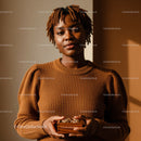 Elegant Woman in Brown Sweater Holding Jewelry in Warm Interior