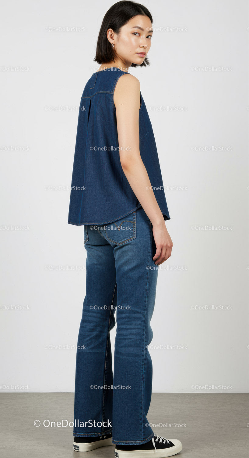 Young Woman in Denim Sleeveless Top and Jeans with Sneakers