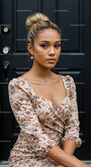 Elegant young woman in floral dress by dark door