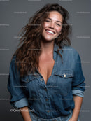 Smiling Woman in Denim Shirt with Long Hair and Bright Expression