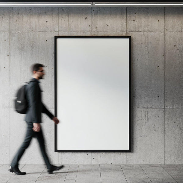 Man walking past blank poster on concrete wall interior JPG Mockup Image