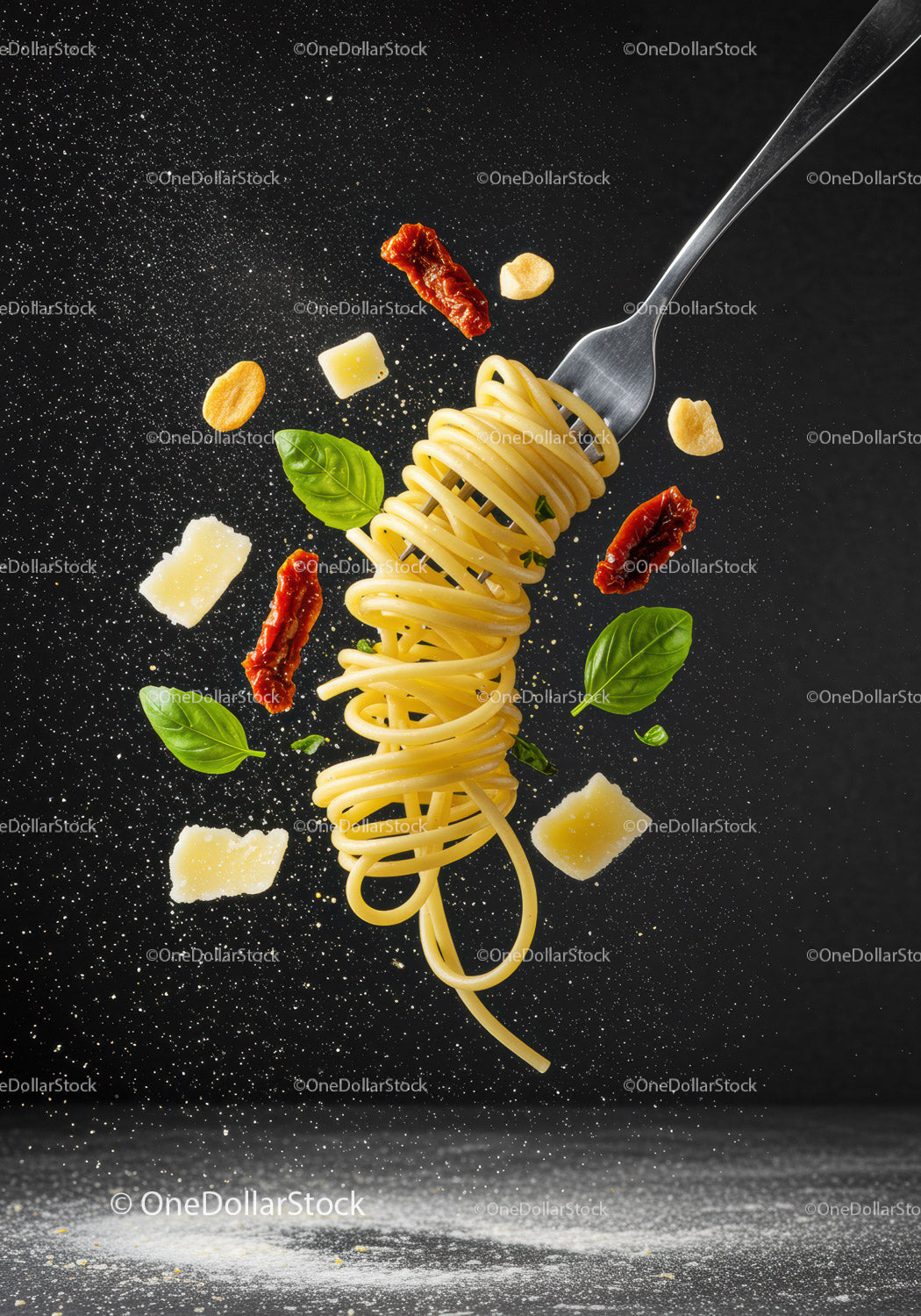 Spaghetti z serem i ziołami na widelcu