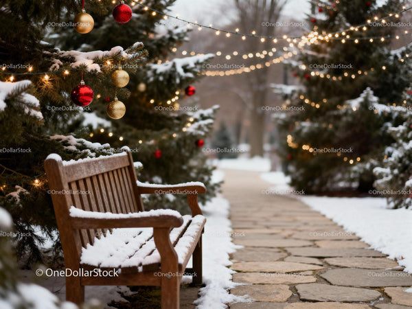 Snowy park bench along festive decorated pathway