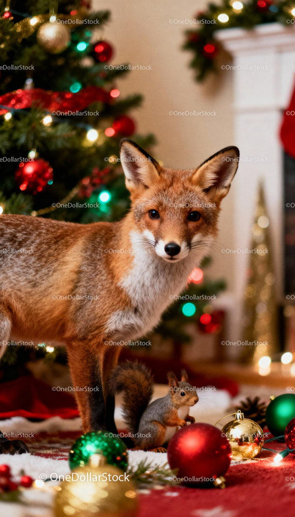 Fox and squirrel exploring festive Christmas decorations