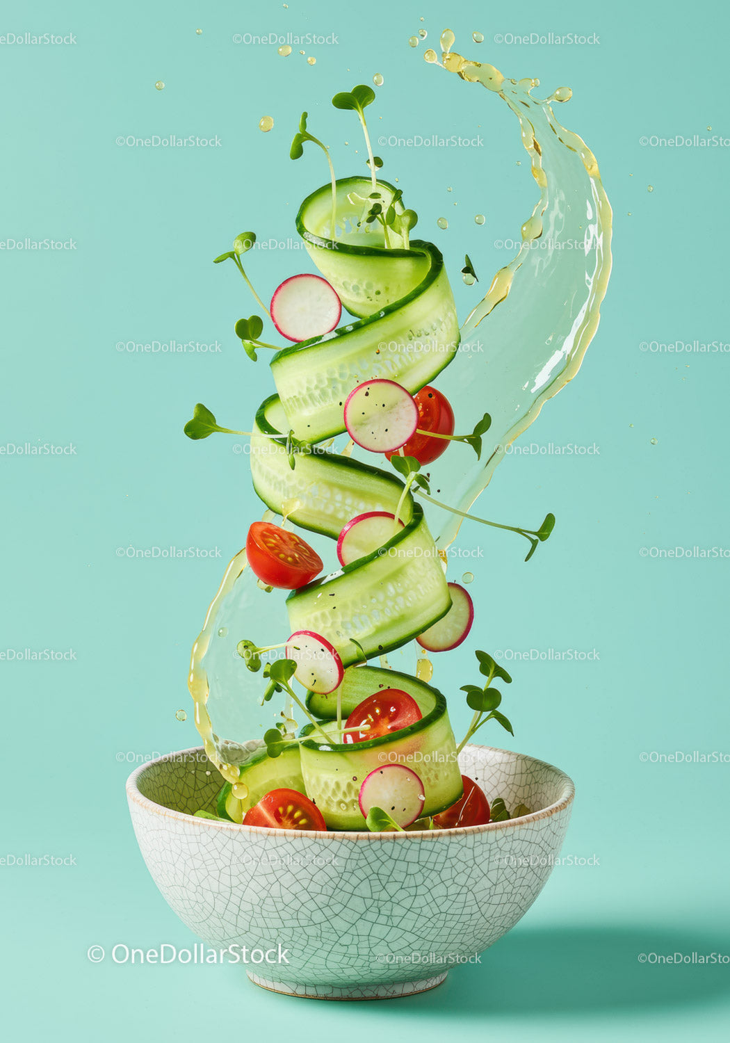 Fresh cucumber ribbons with cherry tomatoes and radishes