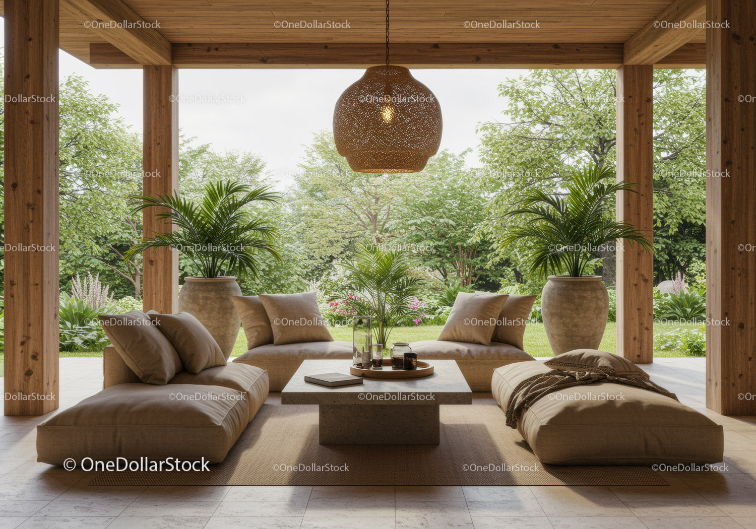 Modern outdoor lounge area with natural wooden accents