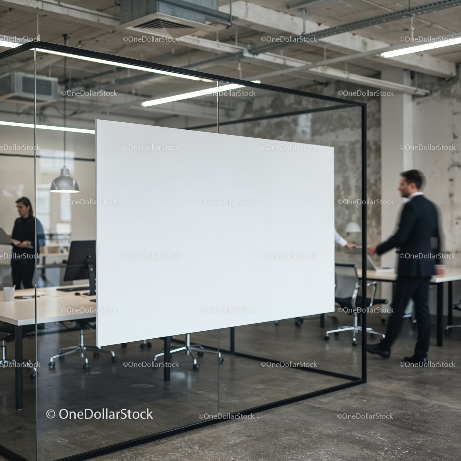 Modern office meeting room with blank glass whiteboard