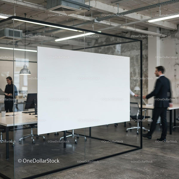 Modern office meeting room with blank glass whiteboard JPG Mockup Image