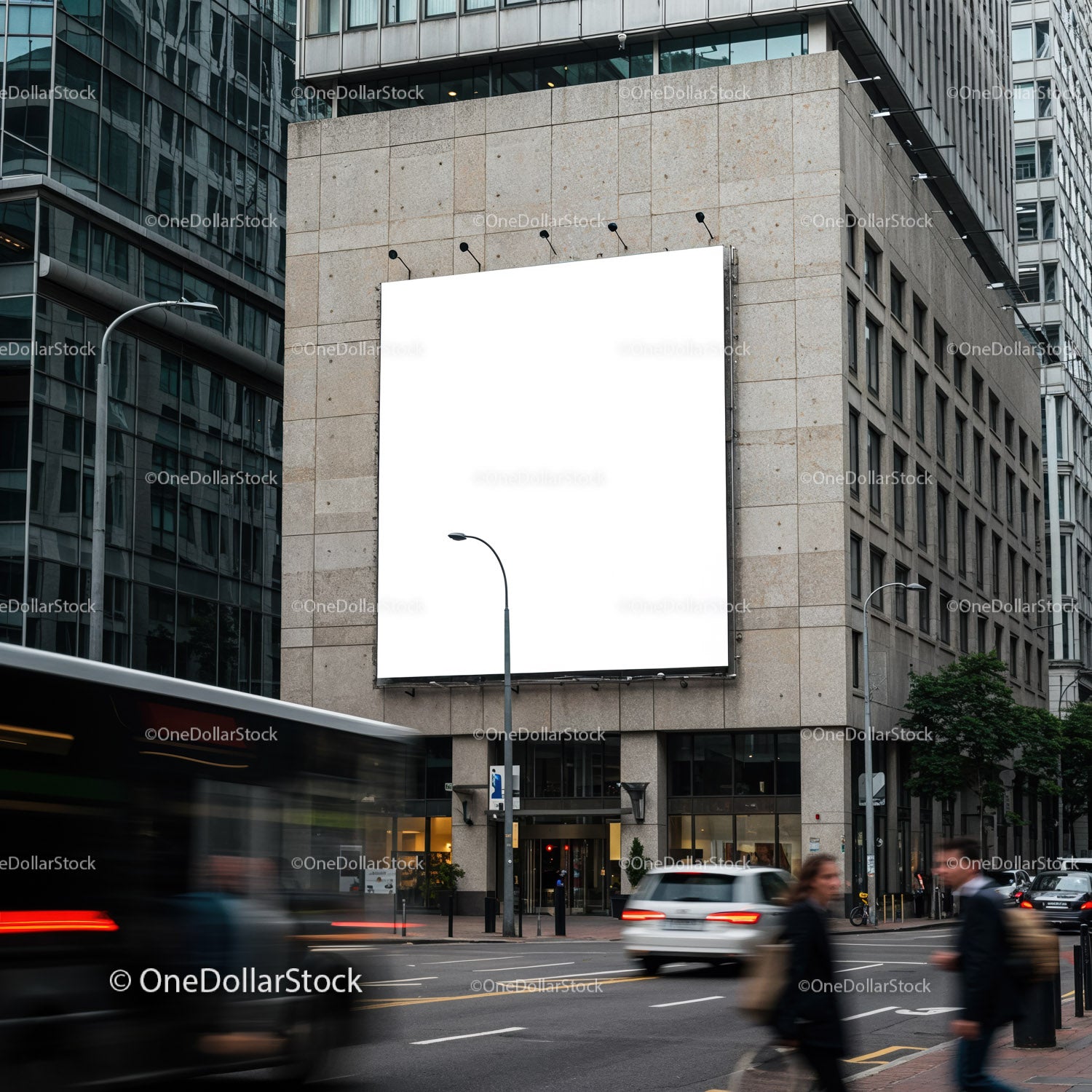 Blank billboard on urban building with busy street traffic