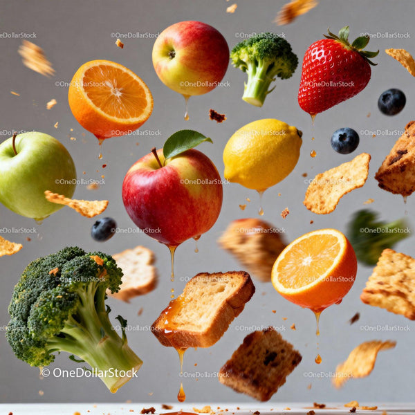 Fresh fruits, broccoli and toast with honey splash