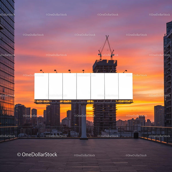 City Skyline at Sunset with Construction Crane and Empty Billboard JPG Mockup Image