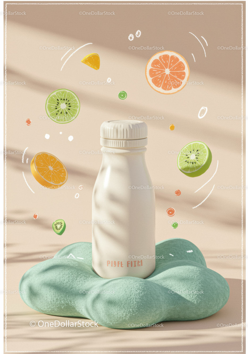 White bottle on soft green cushion with fruity accents