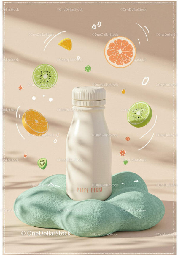 White bottle on soft green cushion with fruity accents
