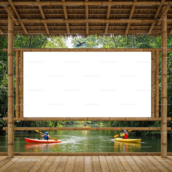 Kayakers paddling on a calm river in lush forest JPG Mockup Image