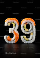 Creative sushi rolls shaped as number thirty nine