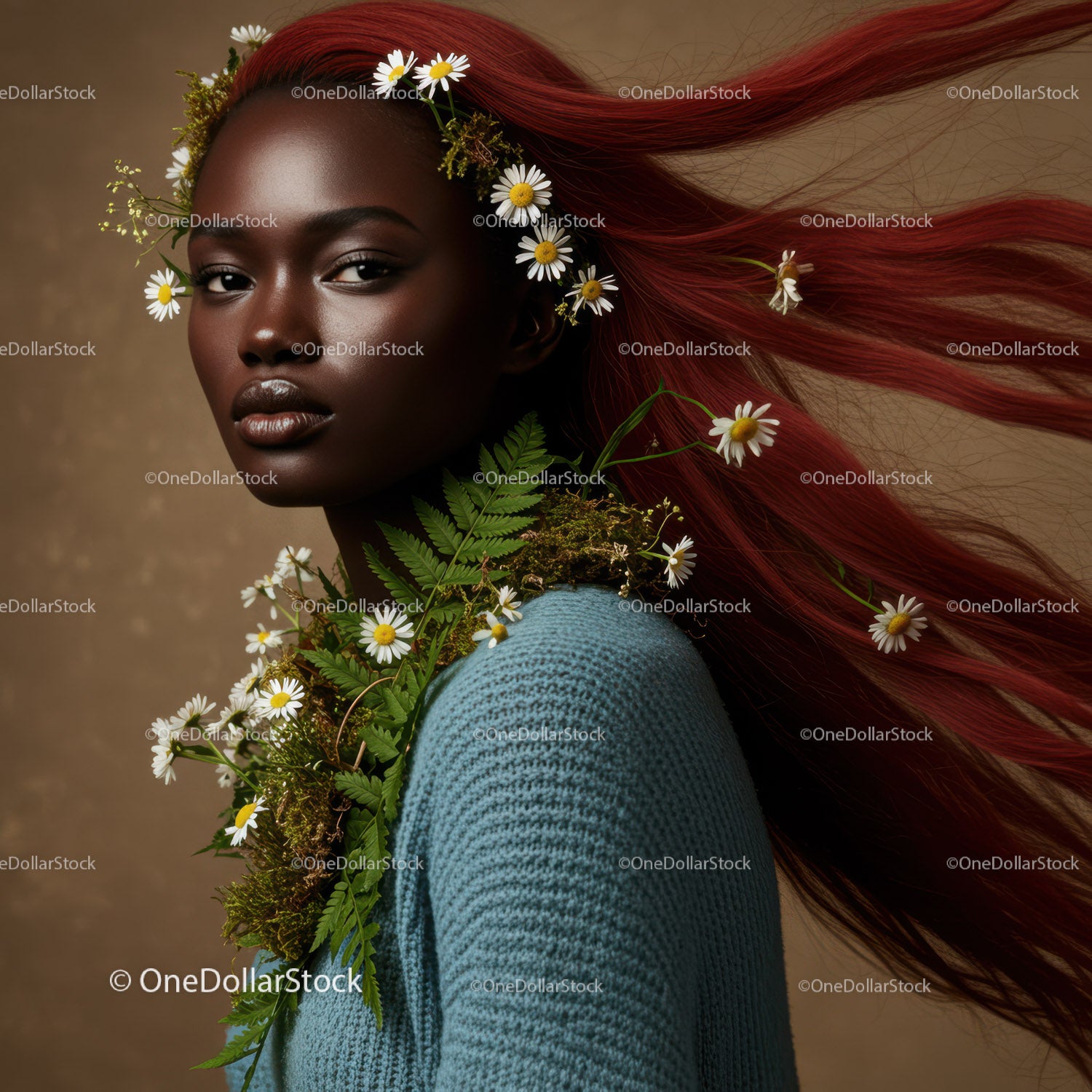 Elegant Portrait of a Woman with Flowing Red Hair and Botanical Accessories