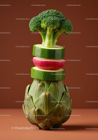 Fresh vegetable stack with artichoke and broccoli slices