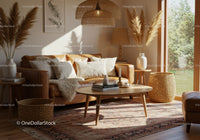 Cozy brown leather sofa with cushions in bright living room