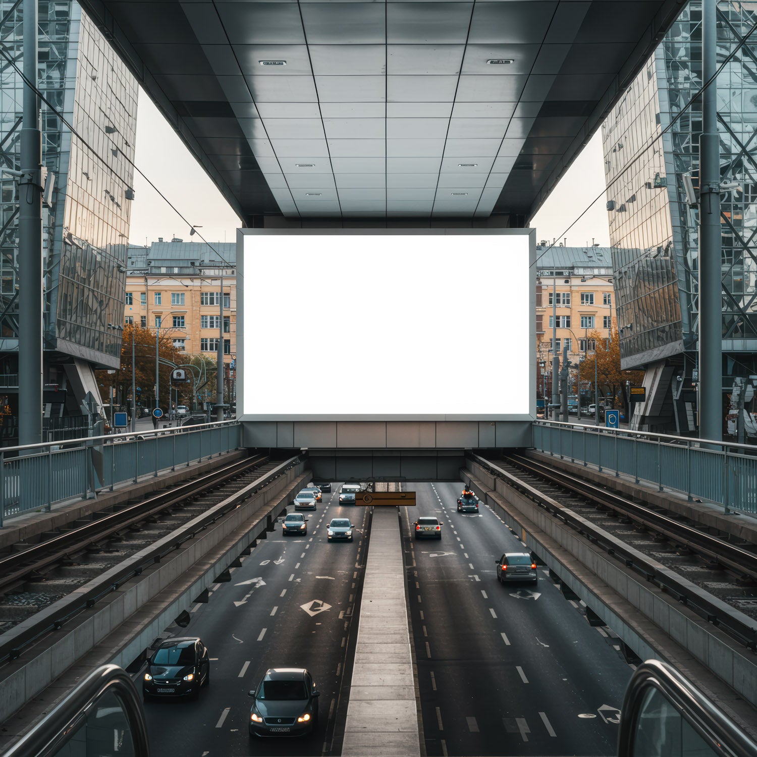 Autostrada miejska pod nowoczesnymi szklanymi budynkami z pustym billboardem
