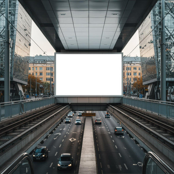 Urban highway beneath modern glass buildings with blank billboard JPG Mockup Image