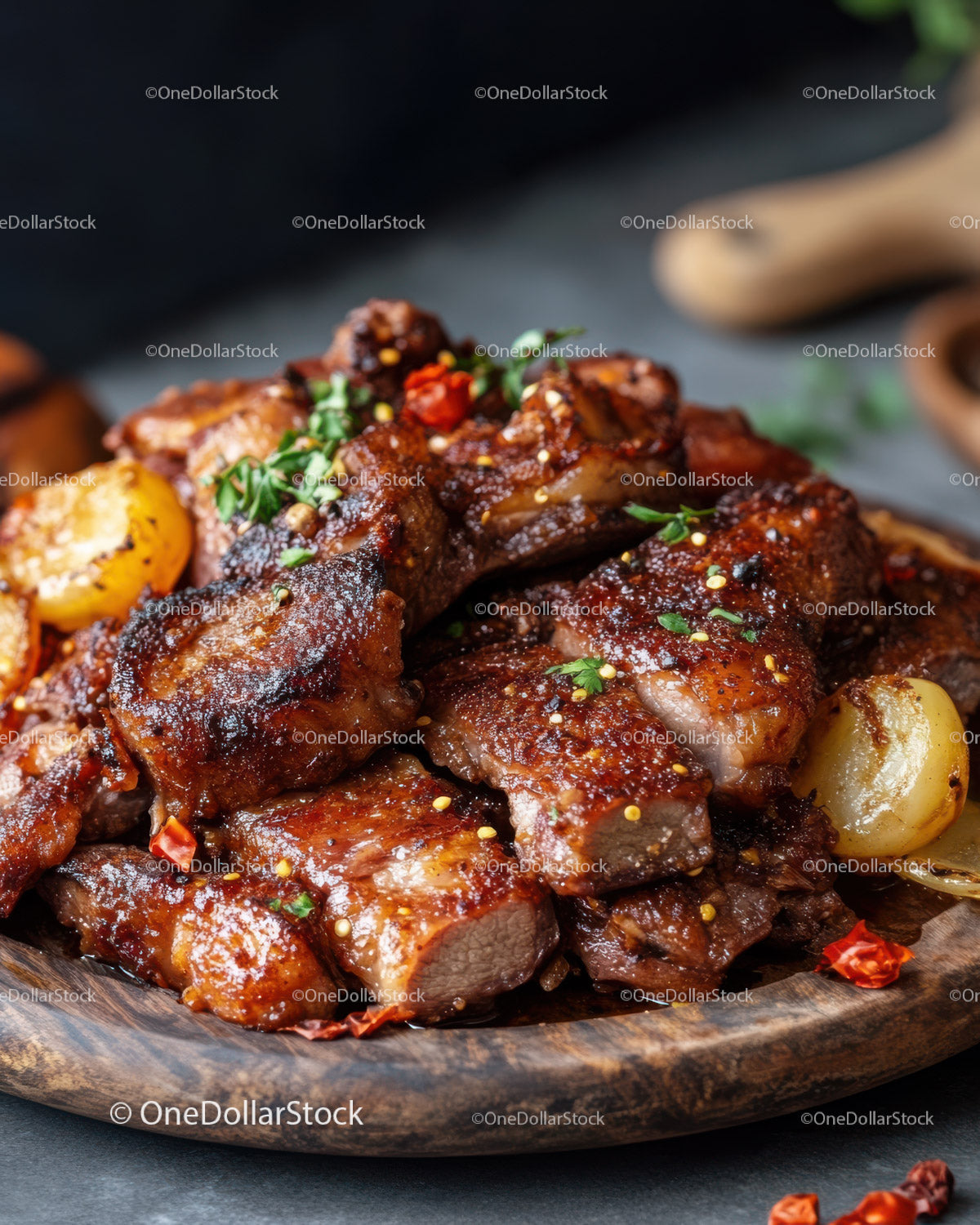 Juicy Grilled Beef Ribs with Spices on Wooden Plate
