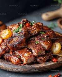 Juicy Grilled Beef Ribs with Spices on Wooden Plate