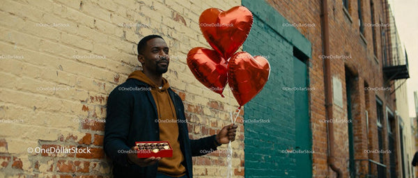 Man holding heart balloons and chocolates outdoors