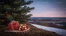 Christmas Gifts and Ornaments by Snowy Outdoor Pine Tree