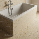 Elegant White Bathtub with Beige Terrazzo Tiles in Modern Bathroom