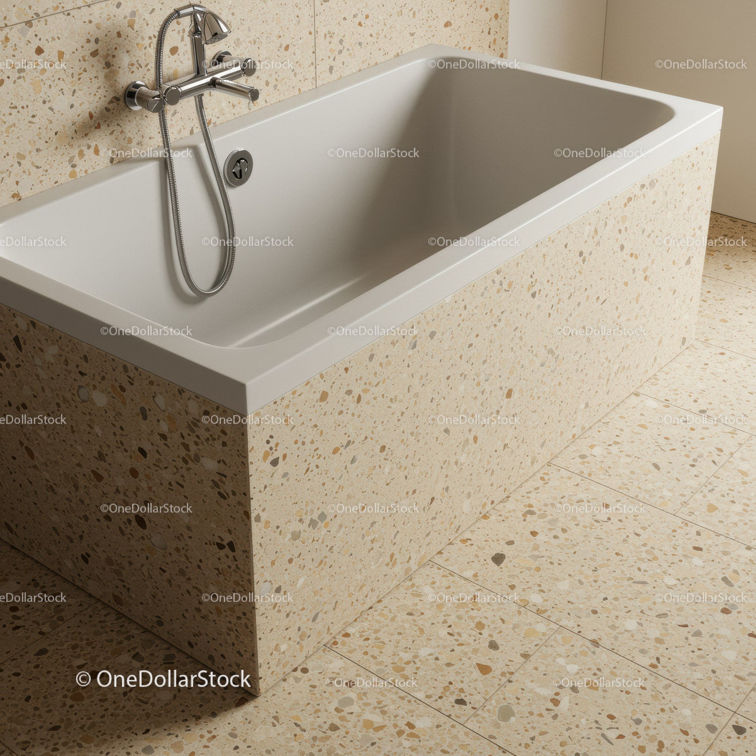 Elegant White Bathtub with Beige Terrazzo Tiles in Modern Bathroom