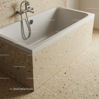 Elegant White Bathtub with Beige Terrazzo Tiles in Modern Bathroom