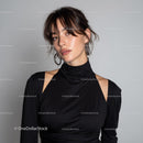 Fashionable Woman in Black Dress with Hoop Earrings