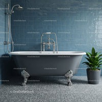 Elegant clawfoot bathtub with blue tile bathroom design