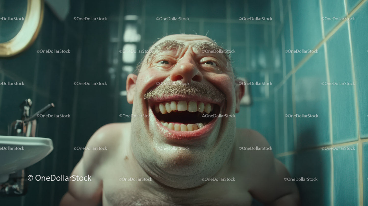 Smiling Elderly Man with Joyful Expression in Bathroom