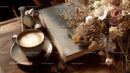 Dried Flowers in Amber Jar with Coffee and Open Book