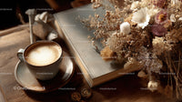 Dried Flowers in Amber Jar with Coffee and Open Book
