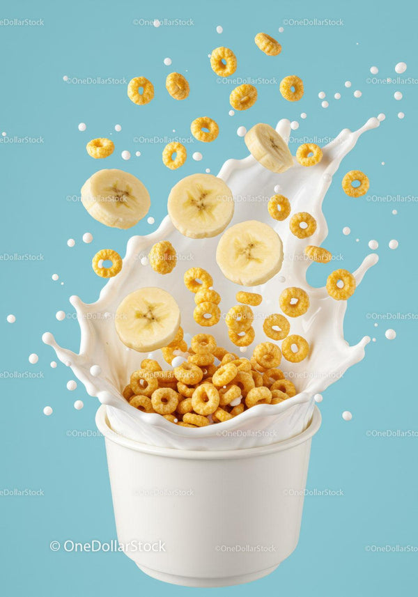 Fresh banana slices and cereal splash in milk cup JPG Mockup Image