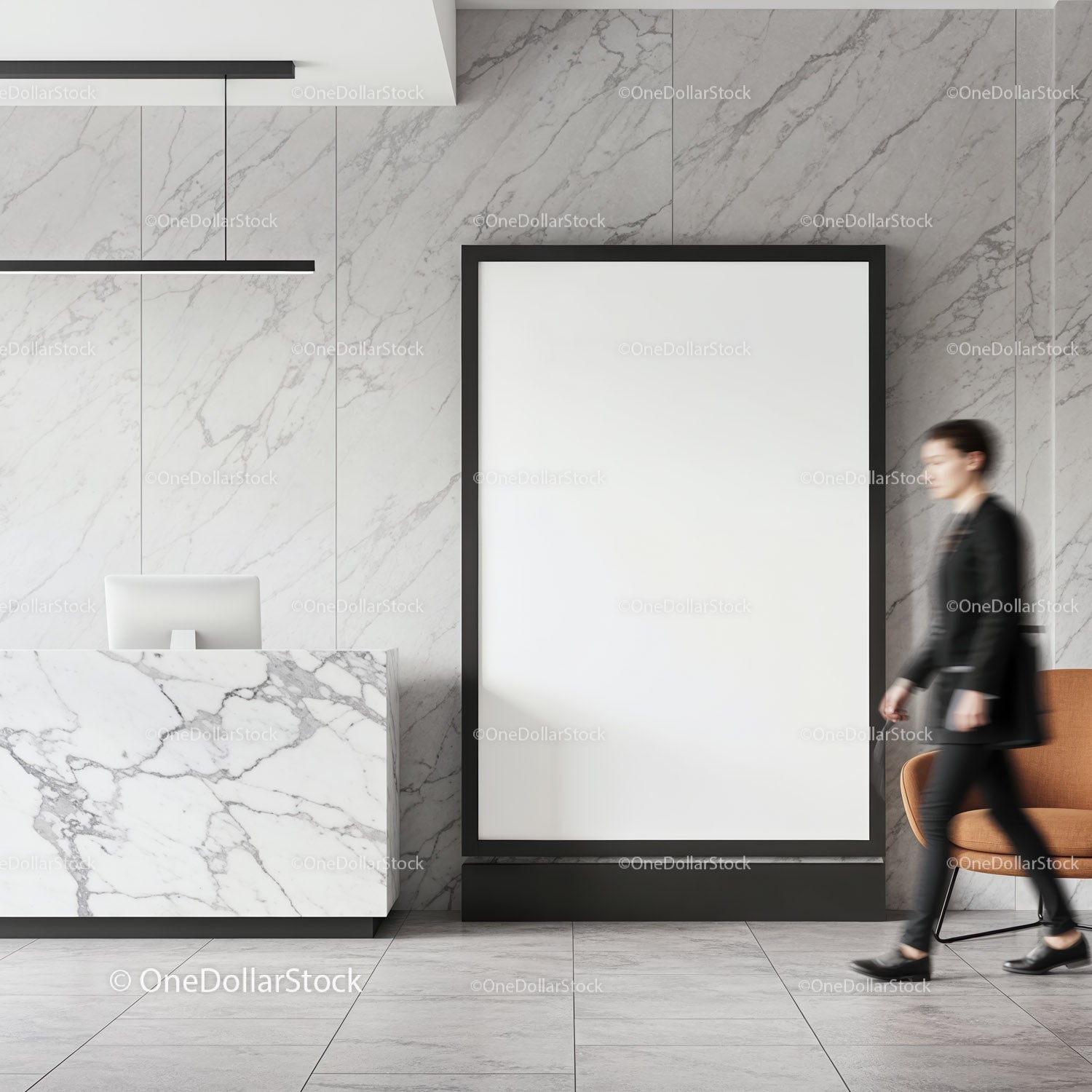Modern marble lobby with blank vertical poster frame