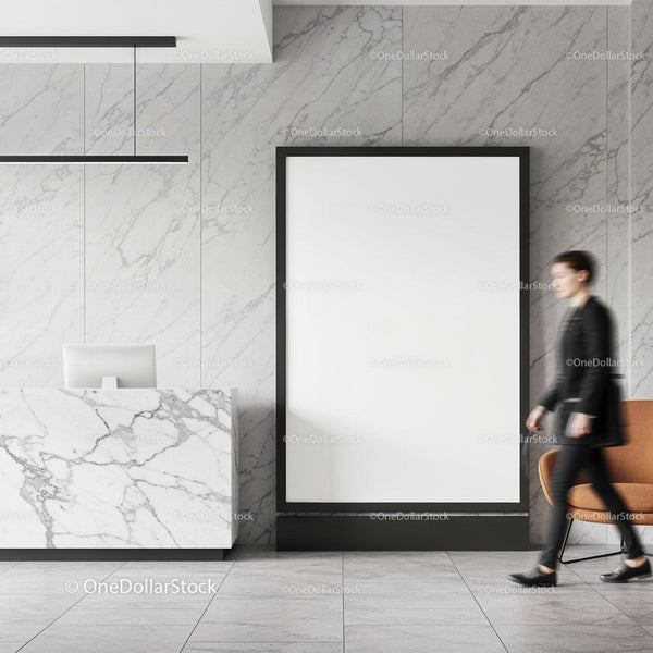 Modern marble lobby with blank vertical poster frame JPG Mockup Image
