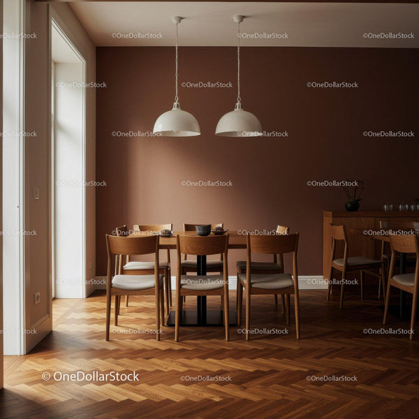 Modern Dining Room with Wooden Chairs and Elegant Lighting