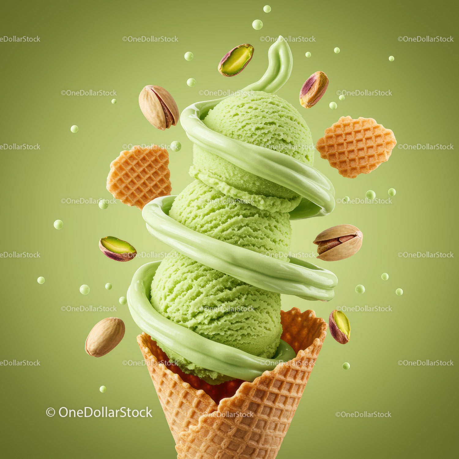 Triple Scoop Pistachio Ice Cream with Waffle Cone