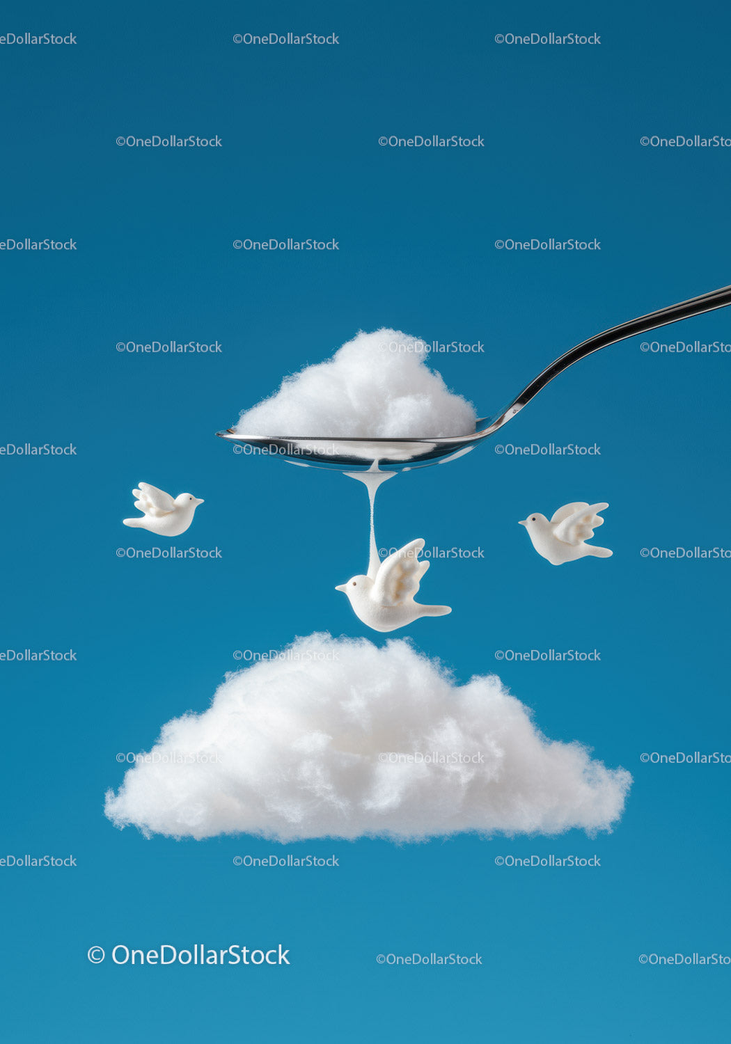 White cotton clouds shaped like doves over bright sky
