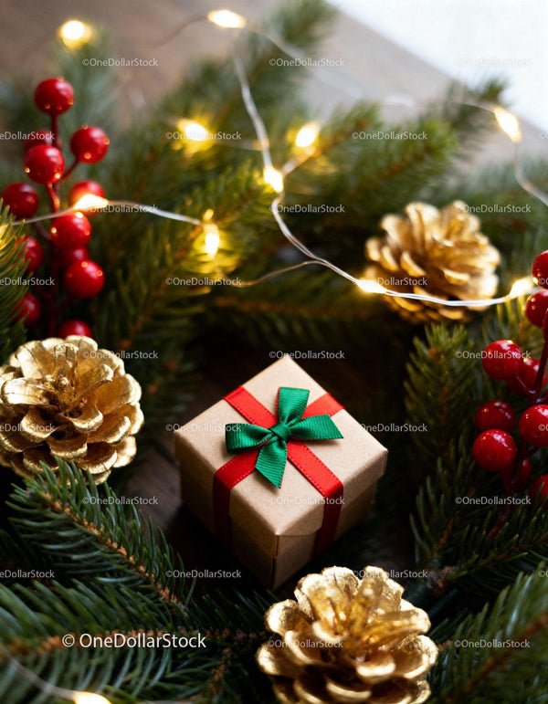 Festive Gift Box with Pinecones and Holiday Lights