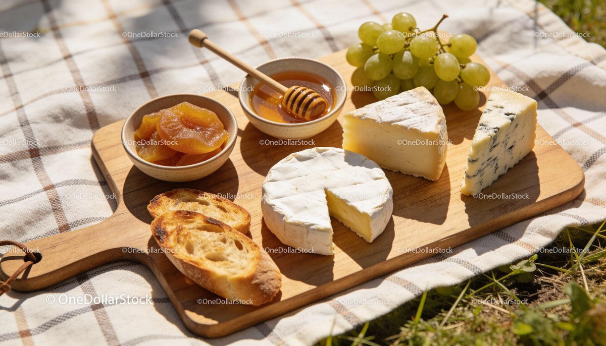 Assorted Cheeses and Fresh Snacks on Wooden Board