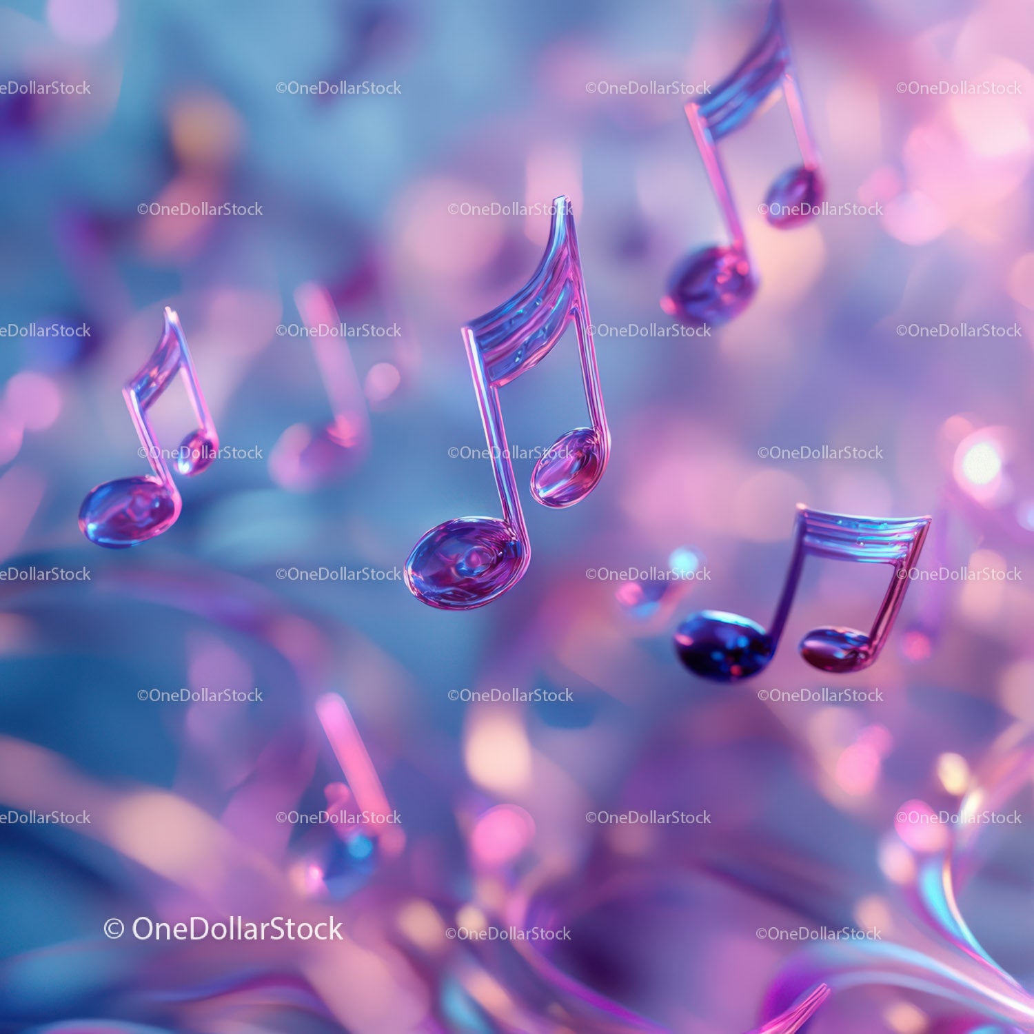 Colorful Floating Musical Notes with Neon Reflection