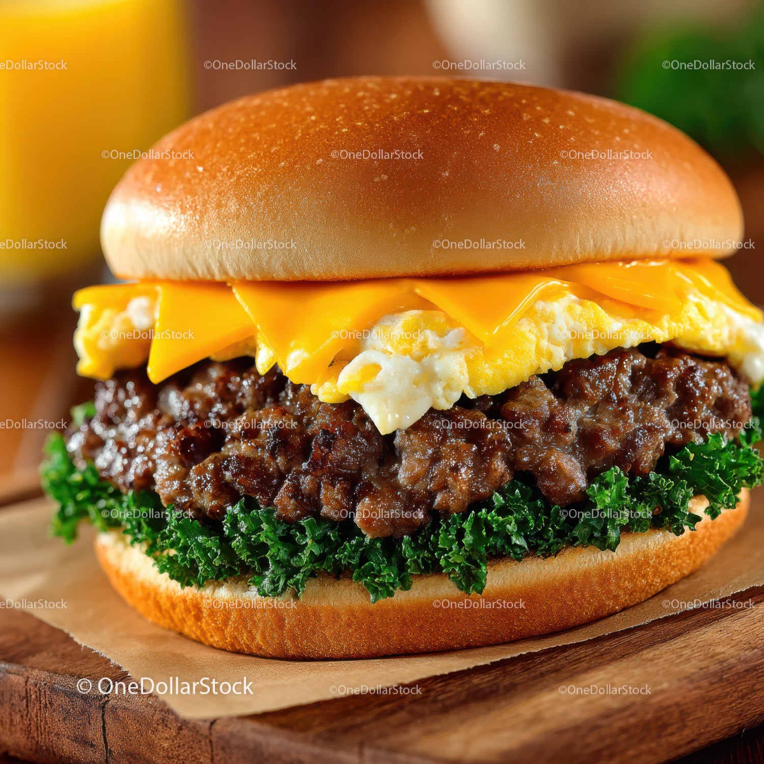 Juicy Beef Cheeseburger with Fried Egg and Fresh Greens