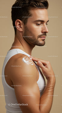 Close-Up of a Man Applying Sunscreen Lotion on Shoulder for Sun Protection