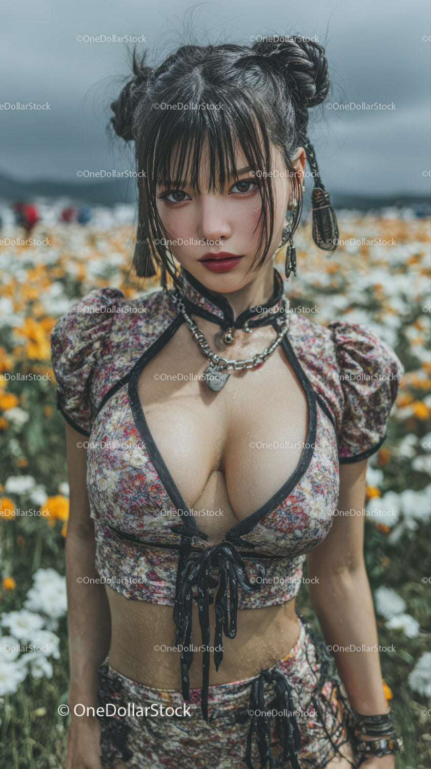 Edgy Young Woman in Floral Crop Top with Wet Hair in Field