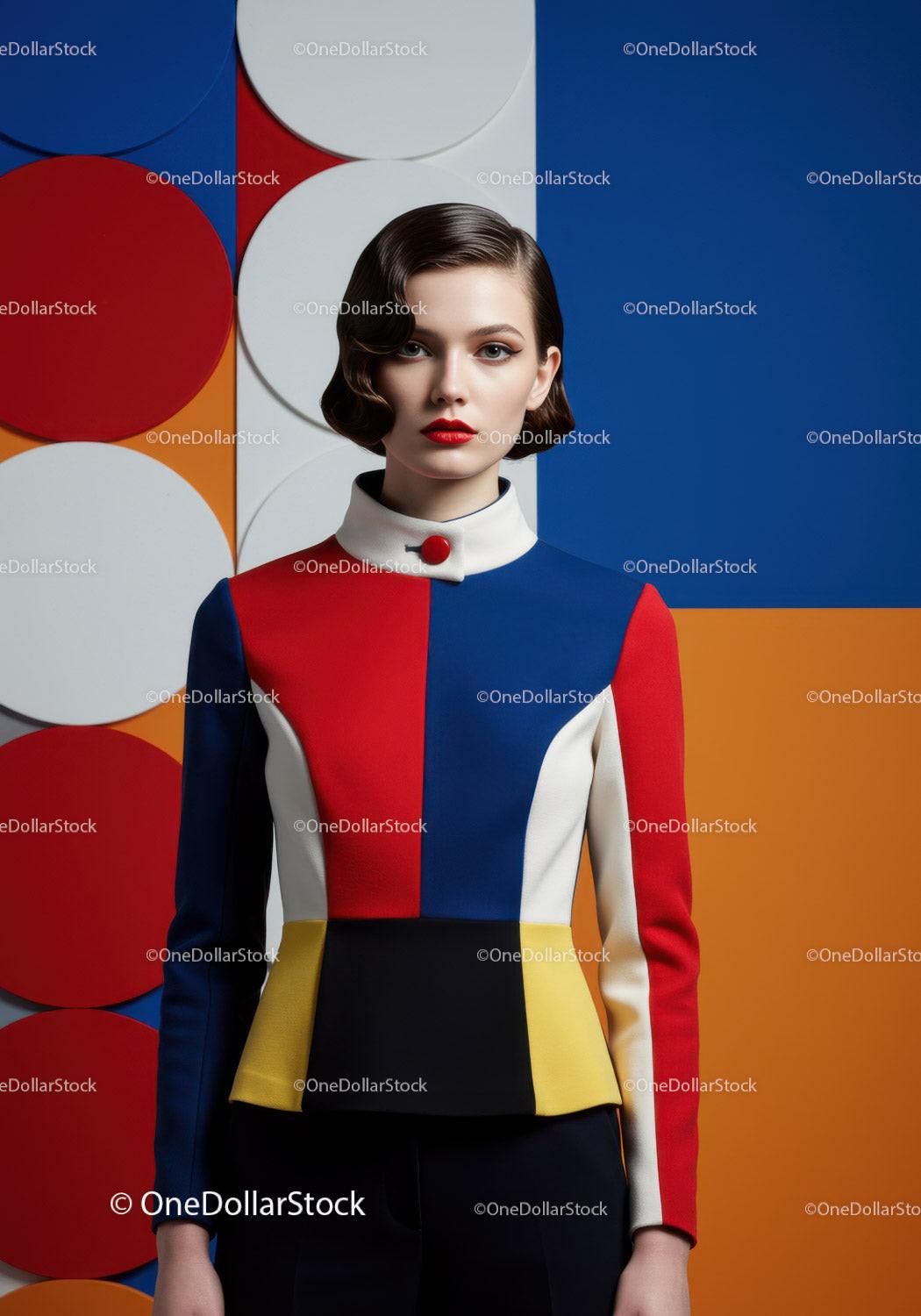 Elegant woman in geometric colorful modern fashion outfit