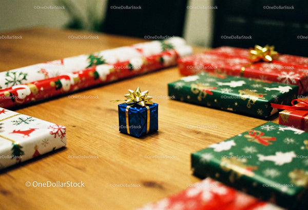 Small blue gift box among festive wrapped presents